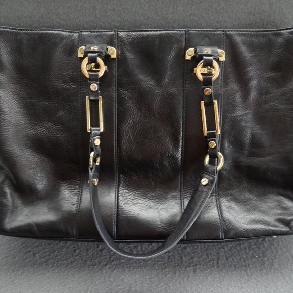 Tory Burch Black Leather T Tote Gold Bag Purse - Picture 4 of 8